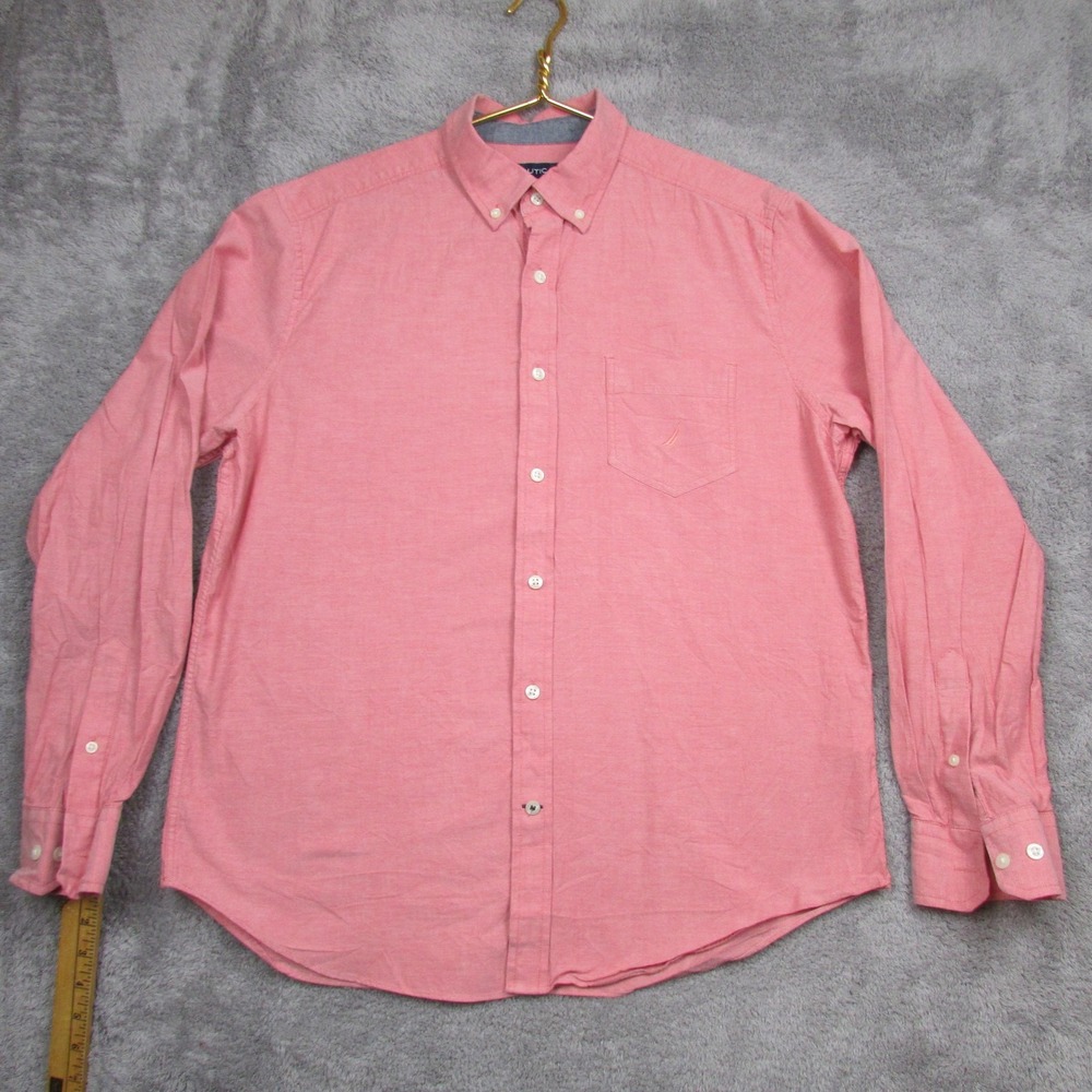 Nautica Shirt Mens Large Pink Chambray Long Sleeve Button Front‎ Stretch Casual